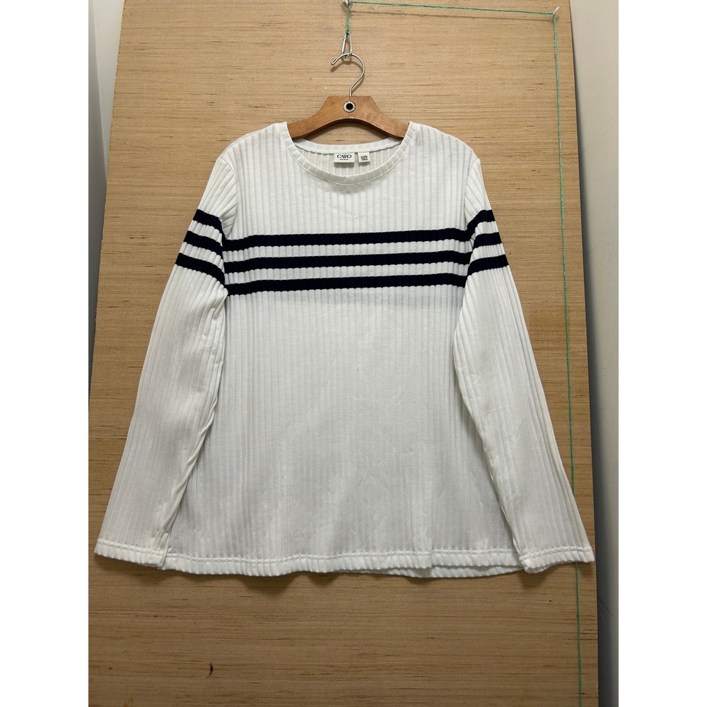Cato Woman Plus Size 22/24W Ribbed Knit Long Sleeve Striped Top White Navy Blue